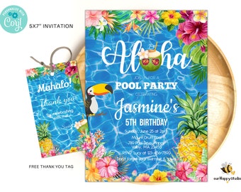 Editable Aloha pool party invitation, Hawaiian birthday invite, Tropical birthday pool party instant download P05