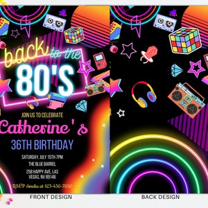 Invitation de fête d'anniversaire des années 80 modifiable vers les années 80 néon party glow dance disco des années 2000 anniversaire des années 90 téléchargement immédiat BT03 image 2