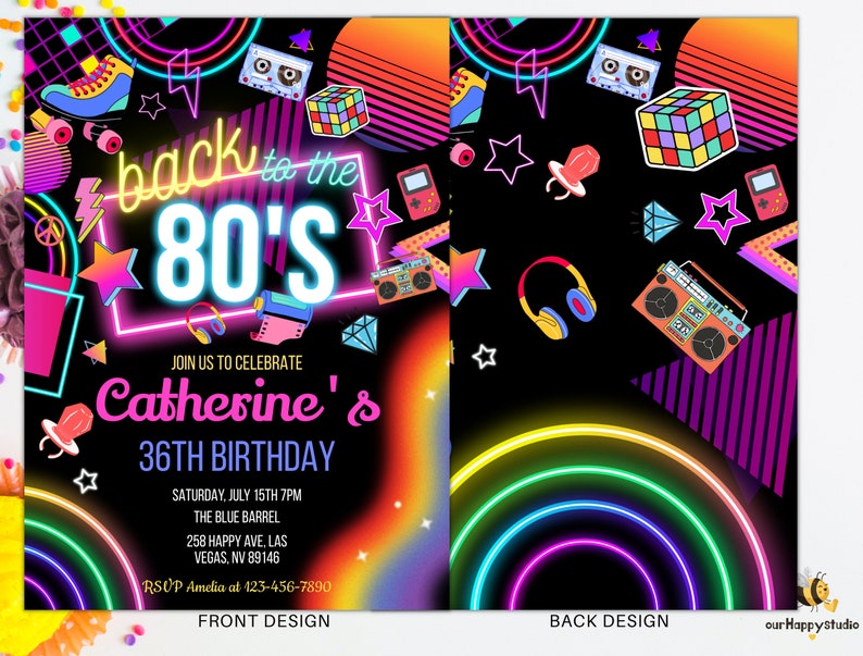 Invitation de fête d'anniversaire des années 80 modifiable vers les années 80 néon party glow dance disco des années 2000 anniversaire des années 90 téléchargement immédiat BT03 image 2