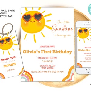 Editable Sunshine 1st birthday Invitation, First trip around the sun Birthday Invitation, Sun birthday Invite, Sun Gender Neutral Invite, S2