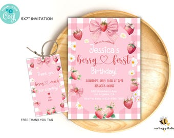 Editable Berry First Birthday Invite template, Strawberry 1st Birthday Invitation, Berry party invite, fruit girl birthday invitation BBF1