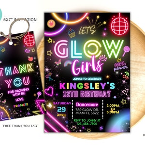 Editable Glow Party Birthday Invitation, Let&#39;s glow girl Glow Party Template, Neon Party Invites Editable Glow Party Template
