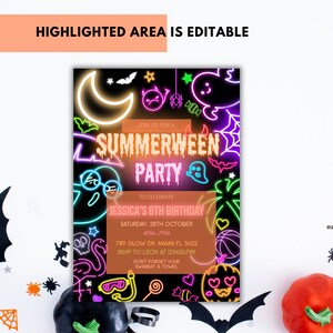 May include: Neon pink and orange invitation for a Summerween party to celebrate Jessica's 8th birthday. The invitation features a black background with neon glow-in-the-dark graphics of a ghost, a moon, a bat, a skull, a flamingo, a basketball, a palm tree, a pumpkin, and a pair of goggles. The text on the invitation reads "Join us for a Summerween Party to celebrate Jessica's 8th Birthday. Saturday, 28th October 4PM-7PM 789 Glow Dr. Miami FL 5622 RSVP to Leon at 123456789 Don't forget your swimsuit & towel."