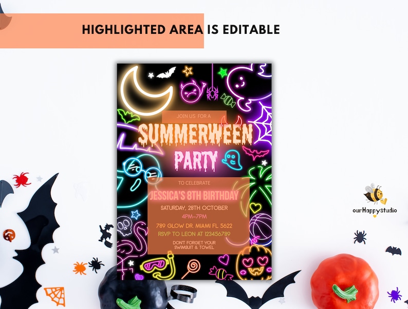 May include: Neon pink and orange invitation for a Summerween party to celebrate Jessica's 8th birthday. The invitation features a black background with neon glow-in-the-dark graphics of a ghost, a moon, a bat, a skull, a flamingo, a basketball, a palm tree, a pumpkin, and a pair of goggles. The text on the invitation reads "Join us for a Summerween Party to celebrate Jessica's 8th Birthday. Saturday, 28th October 4PM-7PM 789 Glow Dr. Miami FL 5622 RSVP to Leon at 123456789 Don't forget your swimsuit & towel."