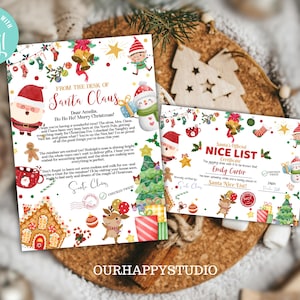 Carta editable de Papá Noel, carta de Papá Noel por correo navideño del Polo Norte, certificado de lista agradable, descarga instantánea, plantilla de Nochebuena LFP2