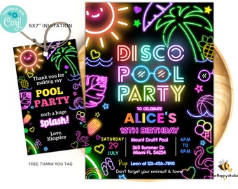 Editable Disco pool party invitation, Glow water park invite, Tropical neon birthday party invitation swimming party instant download DP01