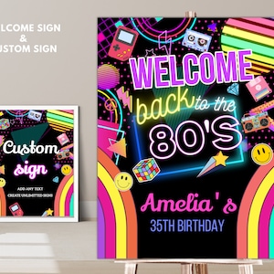 Editable 80S Welcome Sign, Back to the 80S Neon party custom sign, Dance party Welcome banner, dance party banner custom sign 01