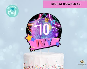 Topper de gâteau d’anniversaire de fête Disco modifiable, topper de gâteau Dance Party, topper de gâteau de fête Glow Party Decor Digital Download