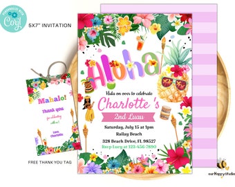 Editable Hawaiian Luau Birthday Invitation, Luau Party, Luau 1st 2rd birthday pool party instant download H01