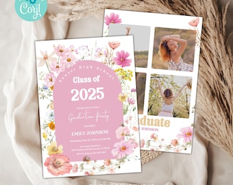 Plantilla editable de graduación 2026, anuncio de graduación minimalista, invitación a fiesta de graduación con flores silvestres, anuncio de graduación bohemio.