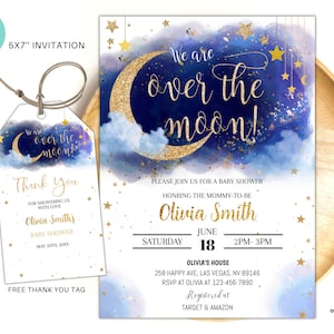 Bewerkbare Twinkle Little Star babyshower uitnodiging, Over the moon babyshower uitnodigen genderneutrale babyshower uitnodiging OTM01