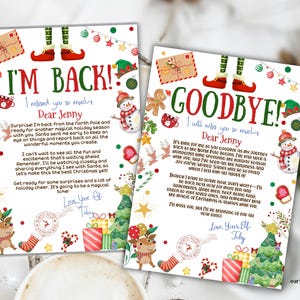 May include: Two printable Christmas elf letters with festive illustrations. The first letter says "I'm Back!" and the second letter says "Goodbye!" Both letters are addressed to Jenny and signed by the elf, Toby.