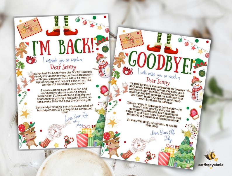 May include: Two printable Christmas elf letters with festive illustrations. The first letter says "I'm Back!" and the second letter says "Goodbye!" Both letters are addressed to Jenny and signed by the elf, Toby.