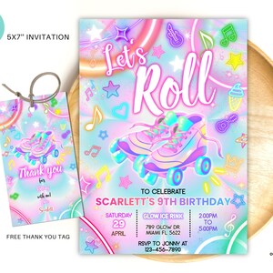 Editable Roller Skating Invitation Tie Dye Party Birthday Invitation, Glow Gender Neutral Invites, Glow Roller Skating Party, RTD01