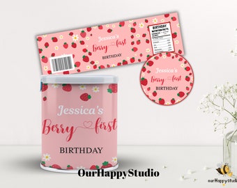 Editable Berry First Birthday Party chips can label template Strawberry 1st birthday party can cover snacks party favor instant download