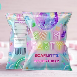 Bearbeitbare Swim party Chip Tasche Wrapper Pool Party Glow Gender Neutral Sommer Tie Dye Swim Party Chip Tasche, Disco Party Decor Sofort download