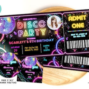Bearbeitbare Disco Party Geburtstagseinladungskarte mit Foto, Disco Gender Neutral Invite, Dance Party Vorlage, Neon Party entfernter Download