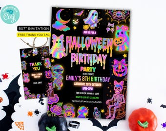 Editable Halloween birthday Party Invitation, Neon spooky birthday, glow Spooktacular Printable, Halloween Birthday, Electronic invitation