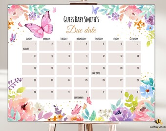May include: A printable baby shower game with a floral design and a calendar for guests to guess the baby's due date. The calendar is for August and September. The text on the game says "Guess Baby Smith's Due Date".