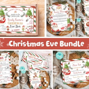 Paquete de caja de Nochebuena editable Carta de Papá Noel, etiqueta navideña, certificado de lista de buenos, descarga instantánea, plantilla de Nochebuena