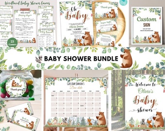 Baby Shower Bundle, Woodland baby shower bundle, baby shower invitation game pack, woodland animals games, Forest baby shower package WL01
