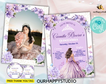 May include: Purple and white Quinceañera invitation with a floral design. The invitation includes the text "You're invited to Camila Rivera's Quinceañera" and details for the ceremony and reception. A free thank you tag is included.