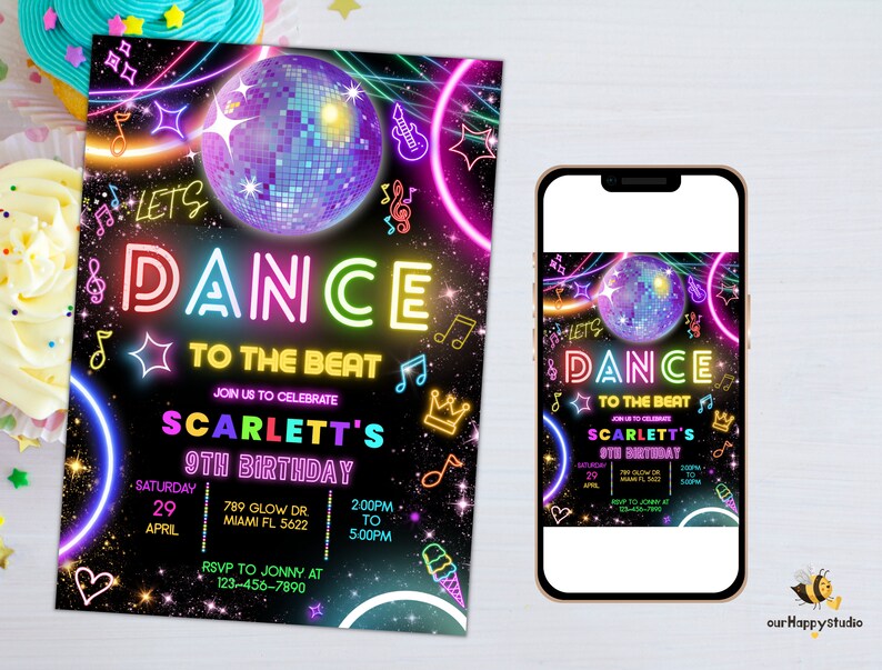 Editable dance party birthday invitation glow gender neutral etsy