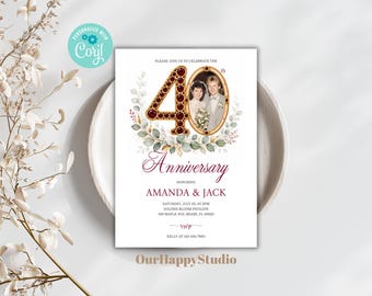 Editable 40th Anniversary invitation template, Eucalyptus Ruby Wedding Anniversary invitation with photo 5x7 (Digital download)