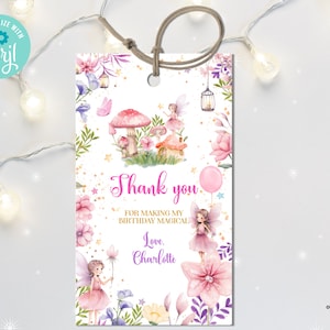 Editable Fairy Birthday party thank you tag, Enchanted Magical Floral Fairy Princess Birthday Party Favor Tag Instant download 01