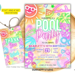 Editable pool party invitation, Glow neon invite, Tropical tie dye birthday pool party invitation swimming party instant download PTD02