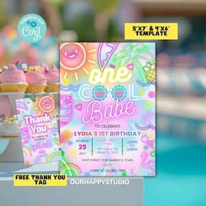 Editable One Cool Babe 1st birthday invitation template, Fun in the Sun invitation, Tropical birthday pool party invitation instant download