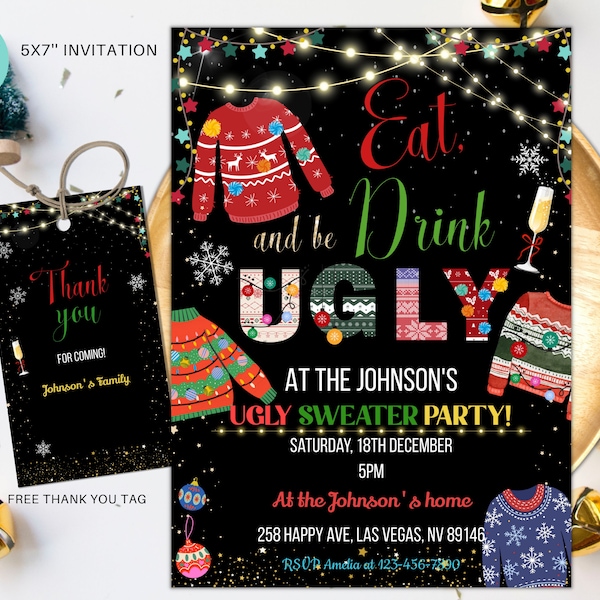 Editable Ugly Sweater Party Invitation, Christmas Rustic ugly Sweater Invite, Ugly Sweater party invite instant download 02