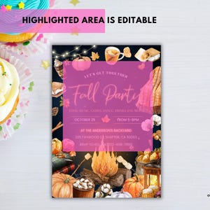 May include: A rectangular party invitation card featuring a dark background with watercolor illustrations of pumpkins, a campfire, s'mores, and string lights. The text reads: Let's Get Together Fall Party, October 25, from 5-8PM, at the Anderson's backyard.