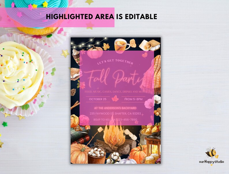 May include: A rectangular party invitation card featuring a dark background with watercolor illustrations of pumpkins, a campfire, s'mores, and string lights. The text reads: Let's Get Together Fall Party, October 25, from 5-8PM, at the Anderson's backyard.