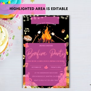May include: A rectangular bonfire party invitation card featuring a black background with a central campfire, s'mores, musical notes, and string lights. The text includes 'LET'S GET TOGETHER', 'AND HAVE A BACKYARD', 'Bonfire Party', and event details.