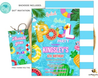 Editable pool party invitation, Swim party invite, Tropical birthday pool party invitation swimming party instant download 06