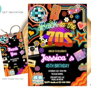 Convite de aniversário Groovy dos anos 70 | Festa de discoteca retrô editável | Convite de dança Boho Hippie Neon Glow | De volta aos anos 70 Download instantâneo