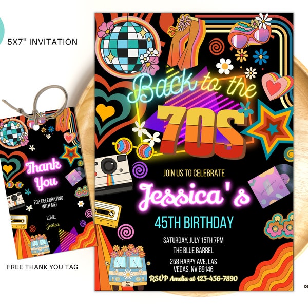 Editable 70s Birthday Party Invitation back to the 70s Neon party glow dance disco 70s birthday 70s instant download