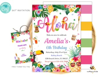 Editable Hawaiian Luau Birthday Invitation, Luau Party, Luau 1st 2rd birthday pool party instant download H03