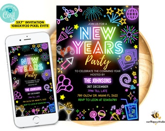 Bewerkbare neon New Years Party uitnodiging Glow New Year EVE uitnodiging voor feest Neon NYE uitnodiging afdrukbare uitnodiging voor nieuwjaarsfeest
