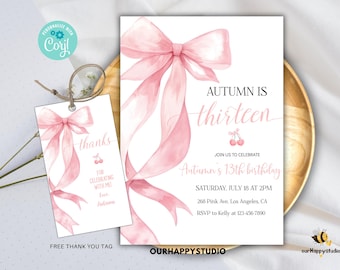 Editable Tween Pink 13th birthday invitation, Coquette 13th birthday, Ribbon birthday 13th invitation pink bow template Girl birthday PBB5