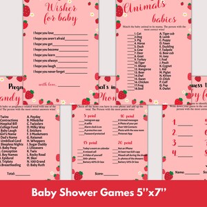May include: A set of printable baby shower games with a pink and white strawberry theme. The games include "Wisher for Baby", "Pregn Candy", "What's in Your Phone", and "Guess the Baby Food".