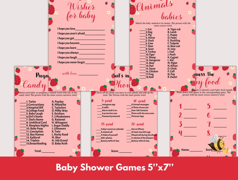 May include: A set of printable baby shower games with a pink and white strawberry theme. The games include "Wisher for Baby", "Pregn Candy", "What's in Your Phone", and "Guess the Baby Food".
