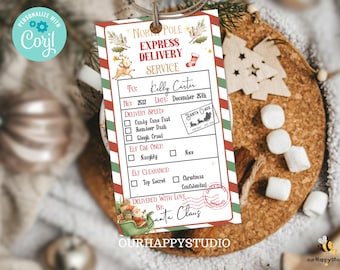 Puede incluir: Una etiqueta de regalo con temática navideña con un borde a rayas rojo, verde y blanco. La etiqueta dice "North Pole Express Delivery Service" e incluye espacio para el nombre del destinatario, la fecha y los detalles de la entrega. Un sello de Papá Noel es visible.