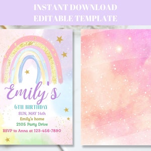 Rainbow Birthday Invitation Editable, Colorful Pastel Rainbow Invite Printable, Gold Stars Sprinkle Rainbow Birthday Download