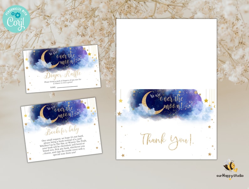 May include: Two printable cards with a blue and gold watercolour design featuring a crescent moon and stars. The text on the cards reads "We are over the moon!" and "Diaper Raffle".
