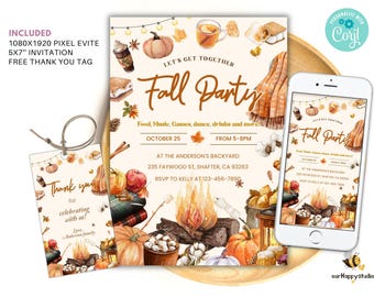 May include: A fall-themed invitation suite with a watercolor design. The invitation features pumpkins, a bonfire, and the text "Fall Party." Includes a matching thank you tag and a digital evite on a smartphone. The invitation is 5x7 inches.