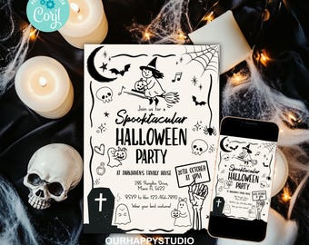 Può includere: Un invito per una festa di Halloween con una strega, pipistrelli e teschi. Il testo "Spooktacular Halloween Party" e i dettagli dell'evento sono inclusi. Uno smartphone mostra lo stesso design. Candele e un teschio sullo sfondo.