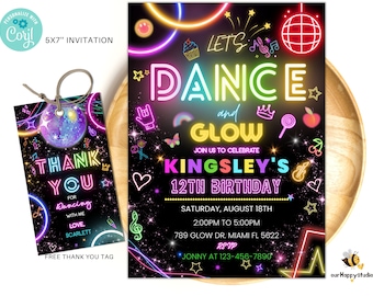 Bewerkbare dansfeest verjaardagsuitnodiging, gloed genderneutrale uitnodigingen, gloedfeestsjabloon, neonfeestuitnodiging bewerkbare discofeestsjabloon