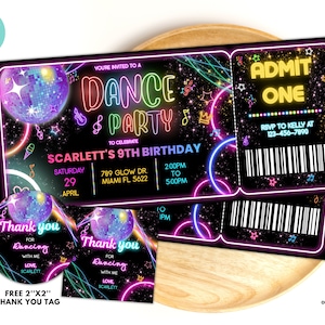 Bearbeitbare Tanzparty-Geburtstagseinladungskarte, Tanz-Gender Neutral lädt ein, Tanzparty-Vorlage, Neon-Party lädt bearbeitbare Glow-Party ein